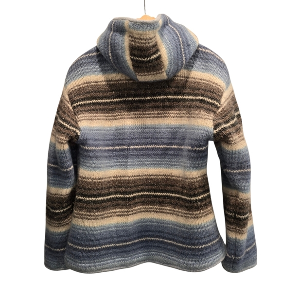 Laundromat Striped Hooded Jacket with Blue and Brown Tones 100% Wool Heavy Knit - Picture 4 of 16